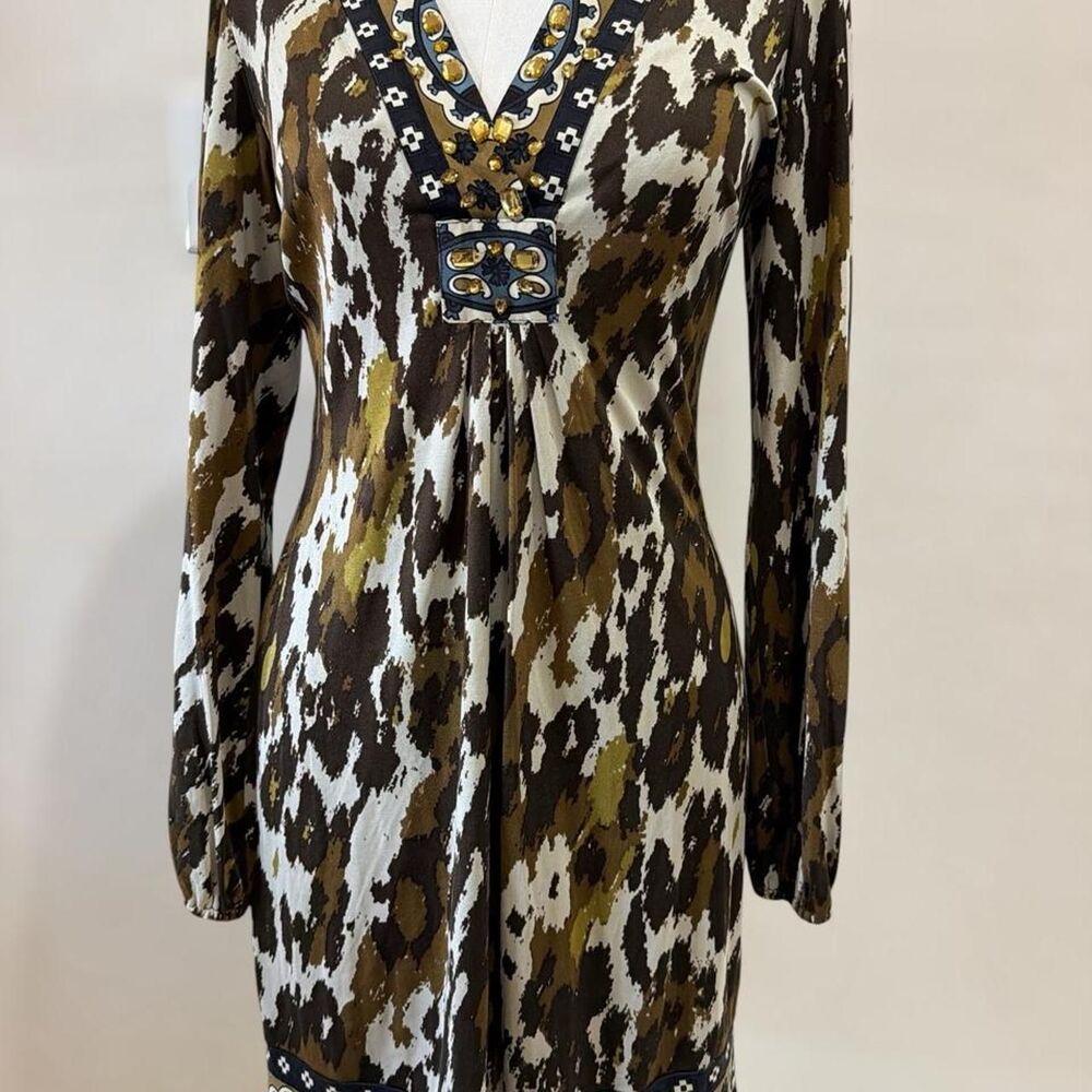 Hale Bob 100% Silk Jeweled Dress S Brown Gold Boho Y2K Embellished